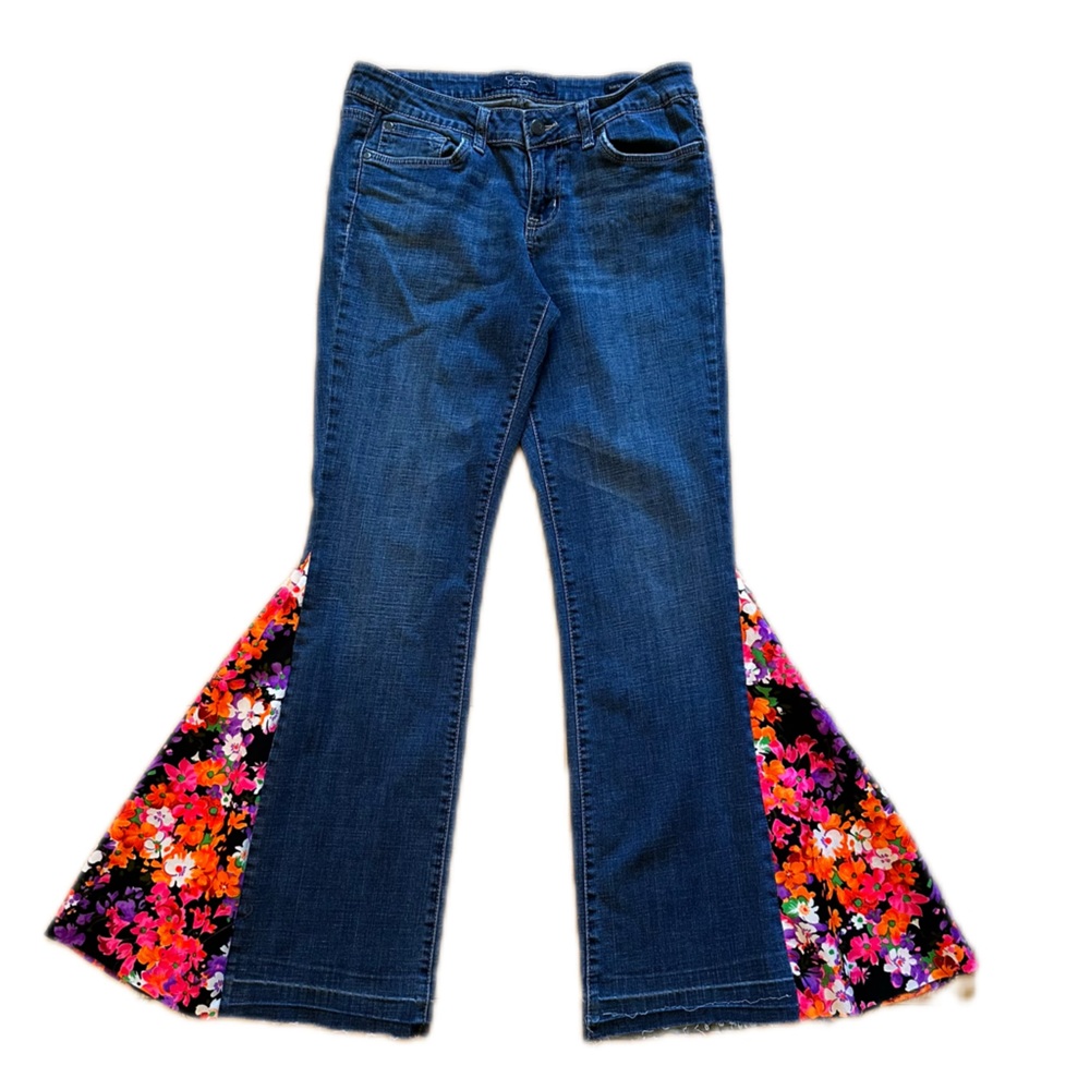 Hand Crafted Flare Jeans Floral Bellbottom Jessica Simpson sz 30 sunset bootleg